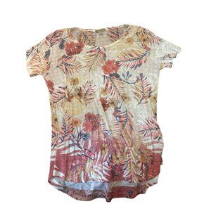 Energé Womens M Floral  Short Sleeve Top Rhinestones Lightweight Hippie Vacation